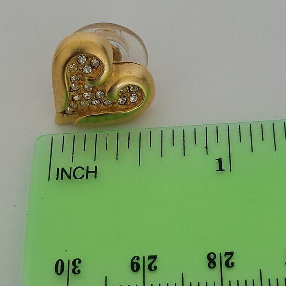 Vintage Valentino Rhinestone Gold Tone Stud Earrings Small Hearts V - Picture 5 of 6
